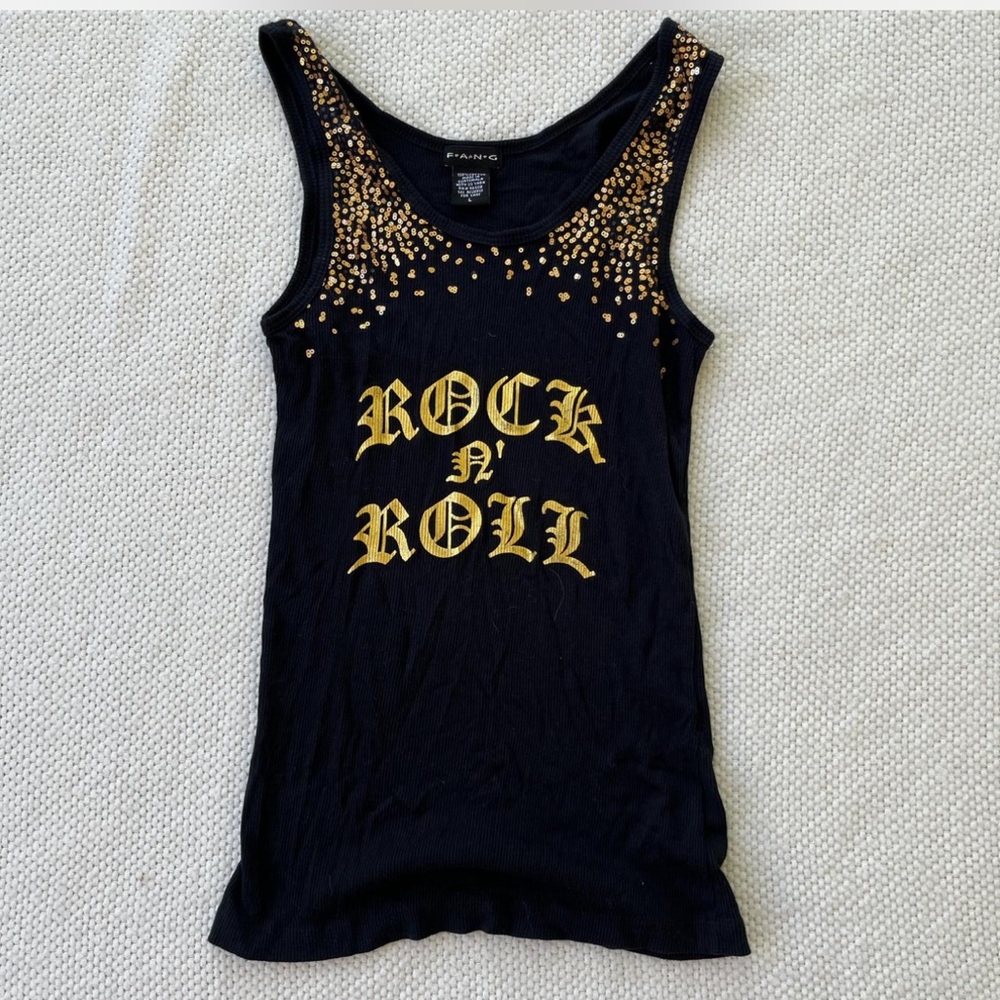 Y2K Vintage FANG Black Tank Top with Gold Sequins & Rock N' Roll Print
